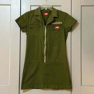 Vintage Y2K Dickies Zip-up Utility Mini Dress Cotton Blend Collar Green Size S/M